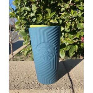 Starbucks Geometric Blue Yellow Green Top Ceramic  Coffee Travel Tumbler 12oz